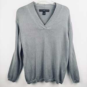 Josephine Chaus Silver Metallic Silk Vee-Neck Sweater Size IX